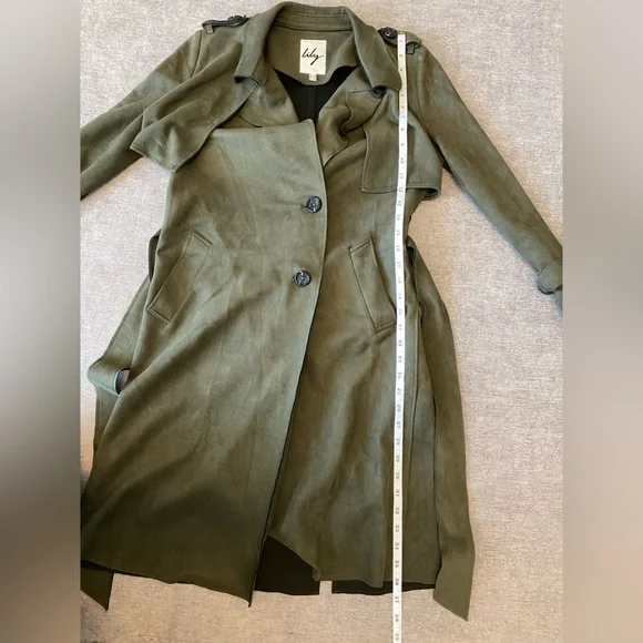 OLIVE GREEN SOFT FAUX SUEDE TRENCH COAT SIZE SMALL - Picture 11 of 13